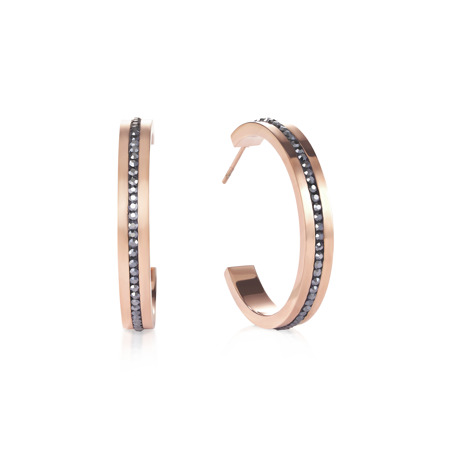 Earrings creole 30 stainless steel rose gold & crystals pavé strip anthracite