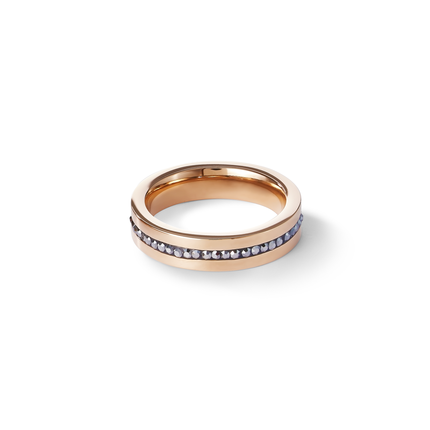 Ring stainless steel rose gold & crystals pavé strip anthracite