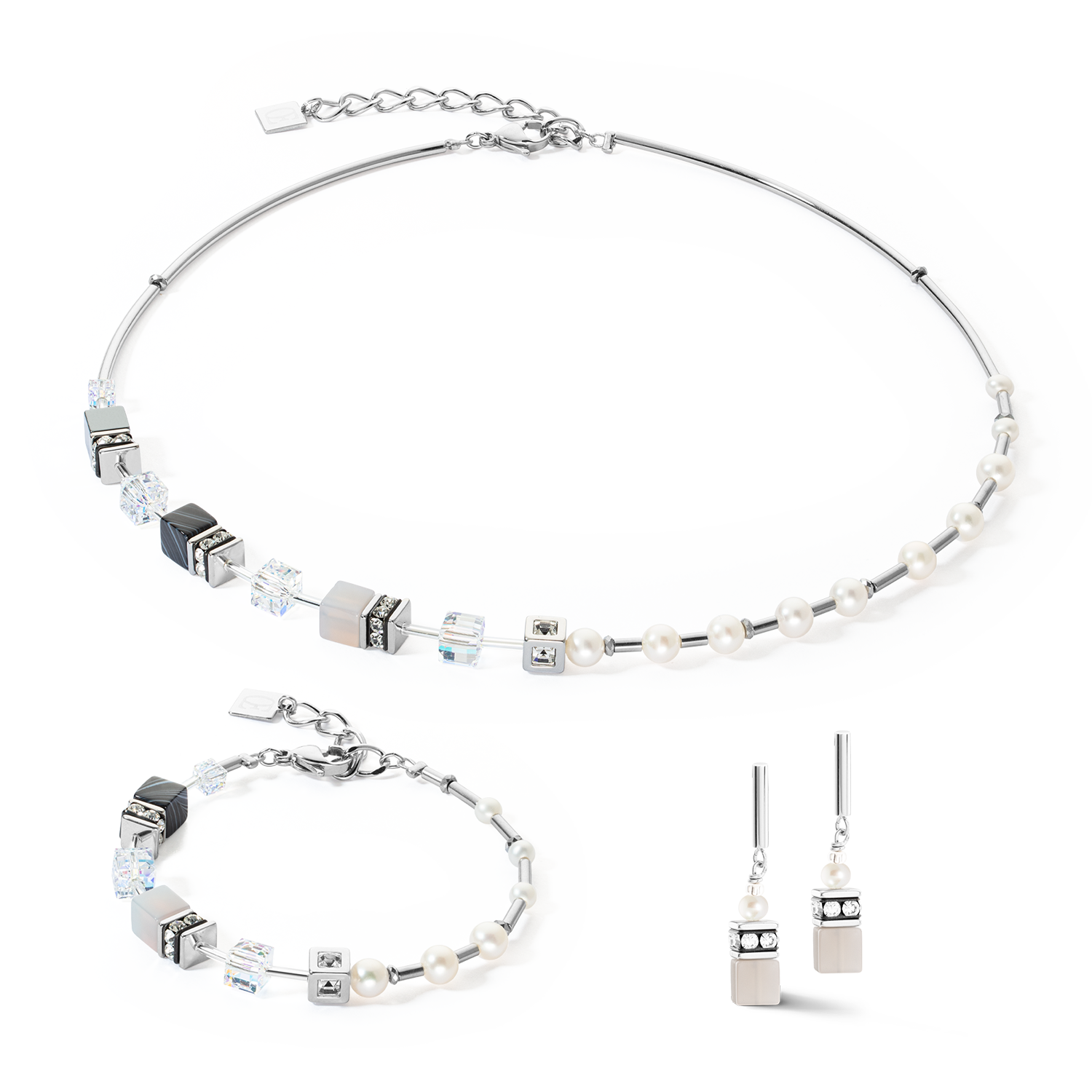 Jewellery set GeoCUBE® Fusion Precious Pearl Mix silver-grey