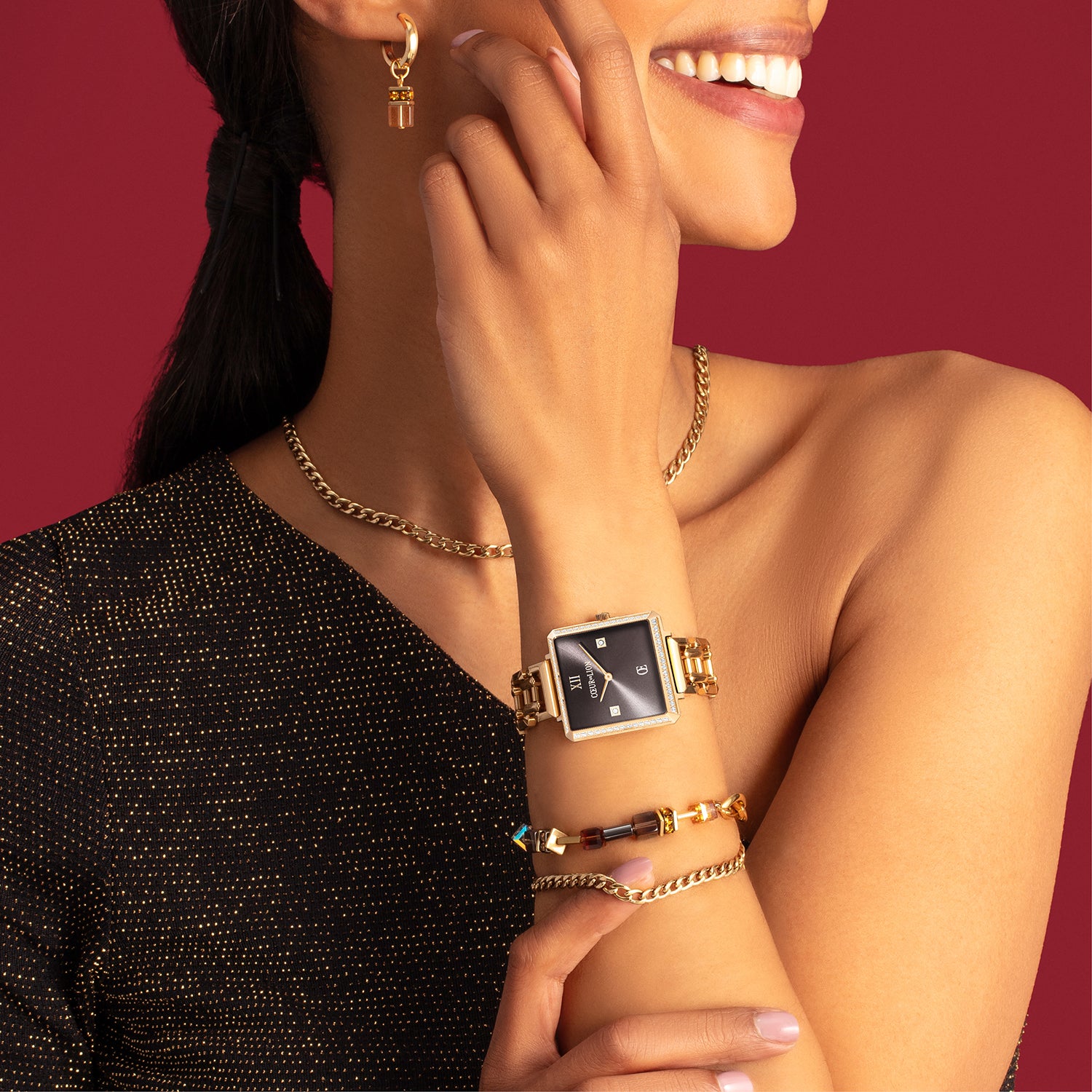 Gift Set Watch Iconic Cube Sparkling Mystic Mocca Statement gold & GeoCUBE® Chunky Chain bracelet gold-brown