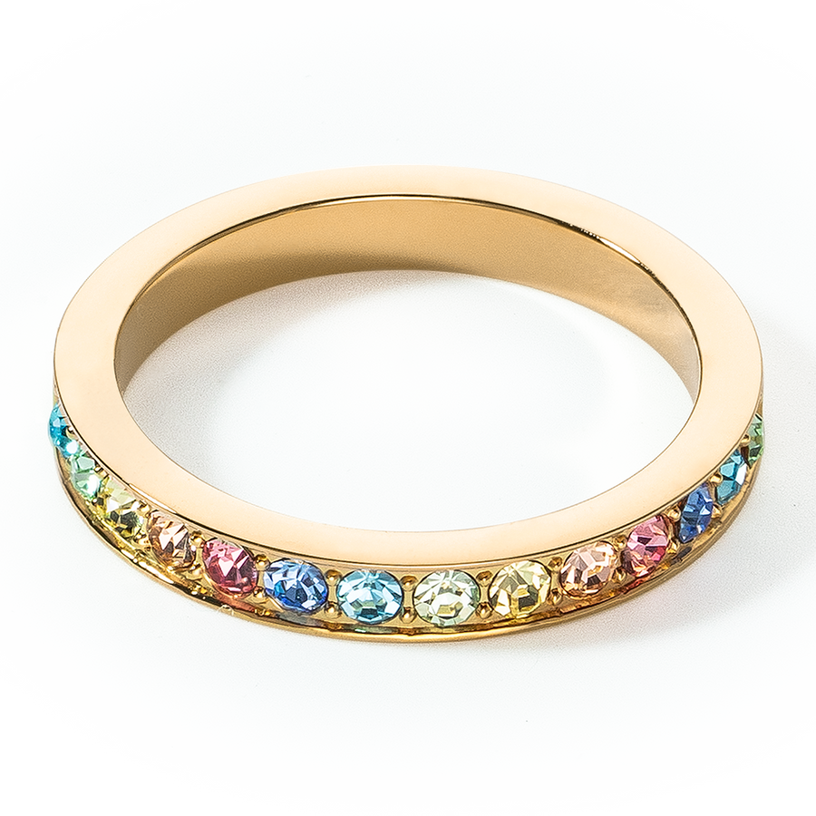 Ring stainless steel & crystals slim gold multicolour pastel