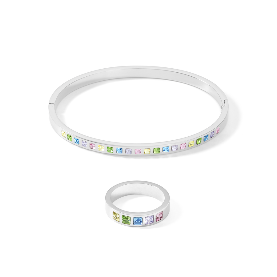 Bangle stainless steel silver & square crystals pavé multicolour pastel 17