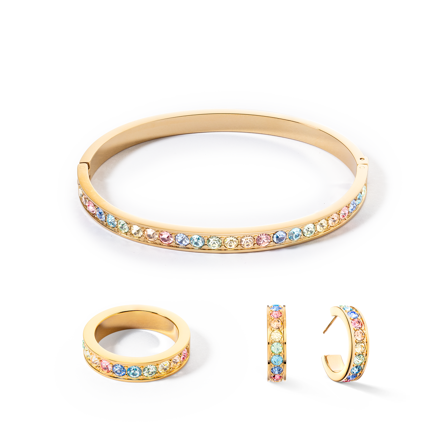 Bangle stainless steel & crystals gold multi pastel (size 19 cm)