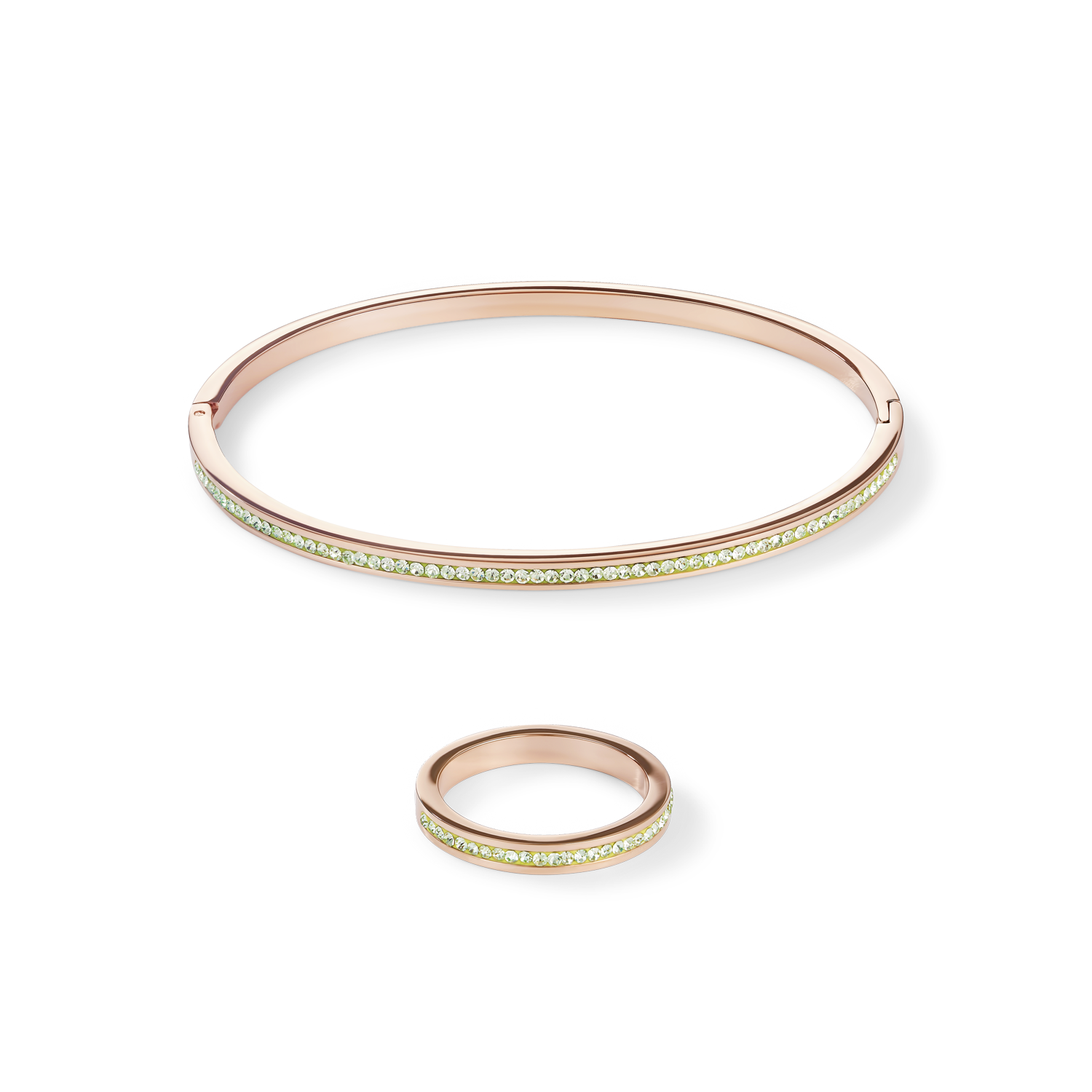 Bangle slim stainless steel rose gold & crystals pavé light green
