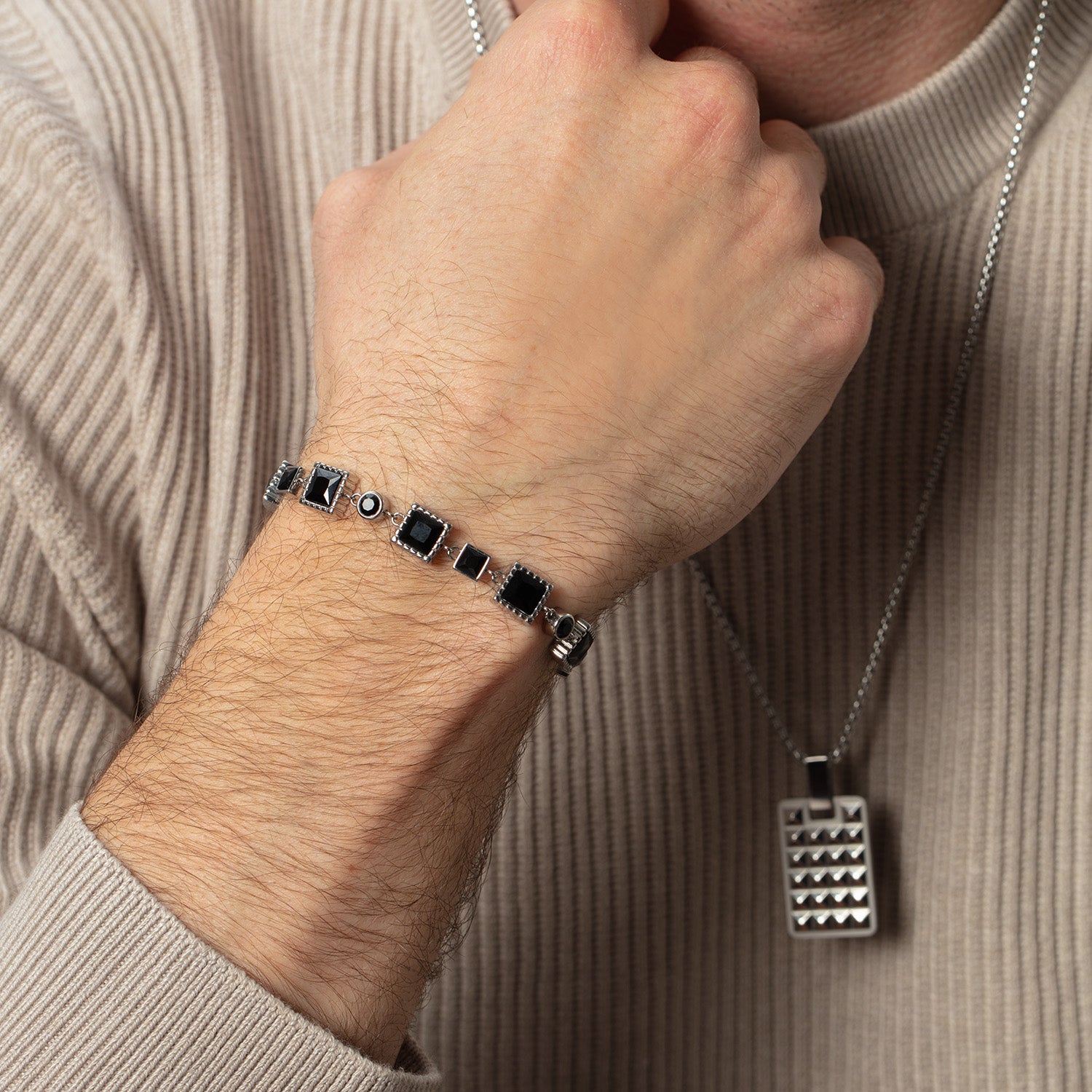 Geometry Bracelet with Spinel and Stainless Steel Silver-Black