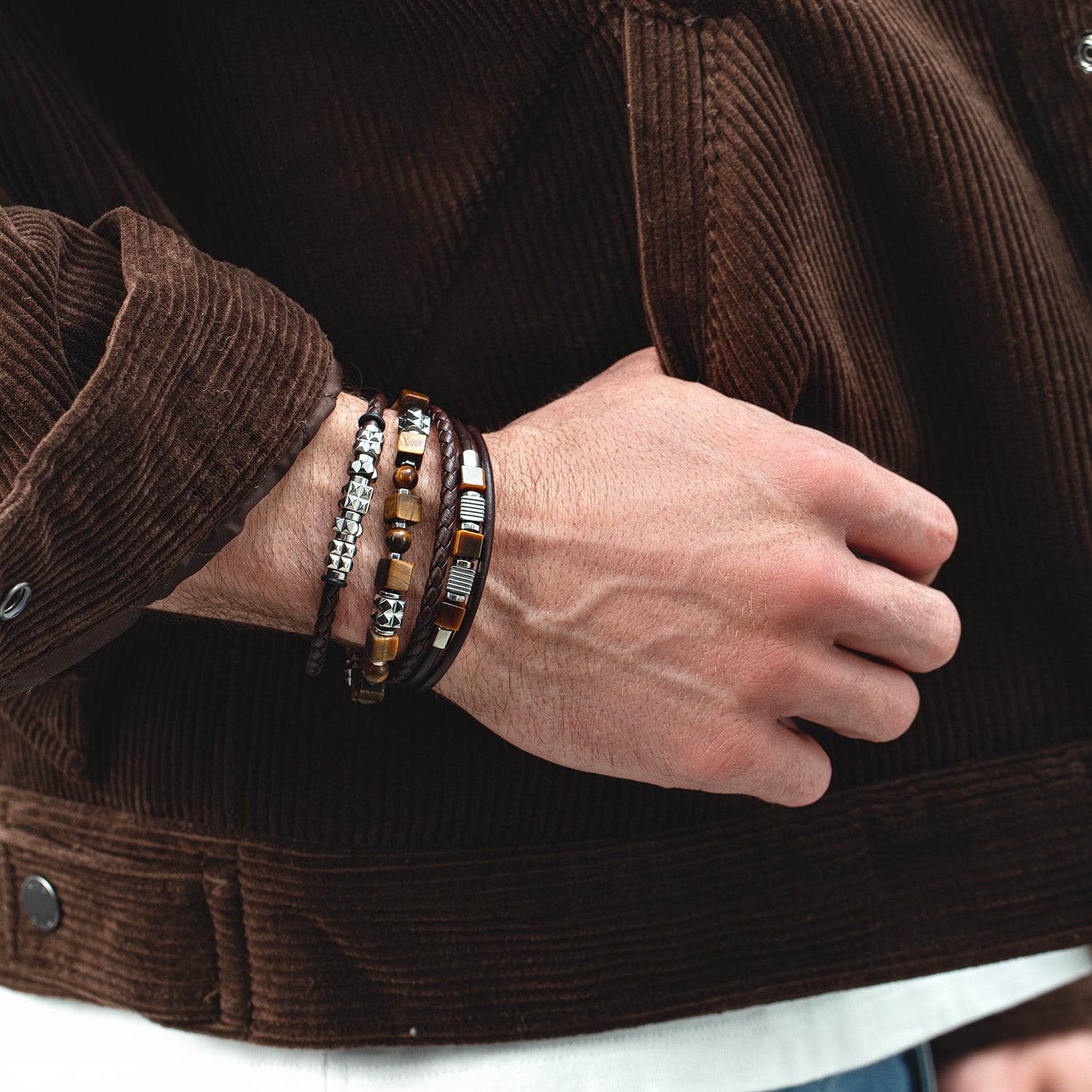 Brown Leather Bracelet with Stainless Steel Spikes Cubes
