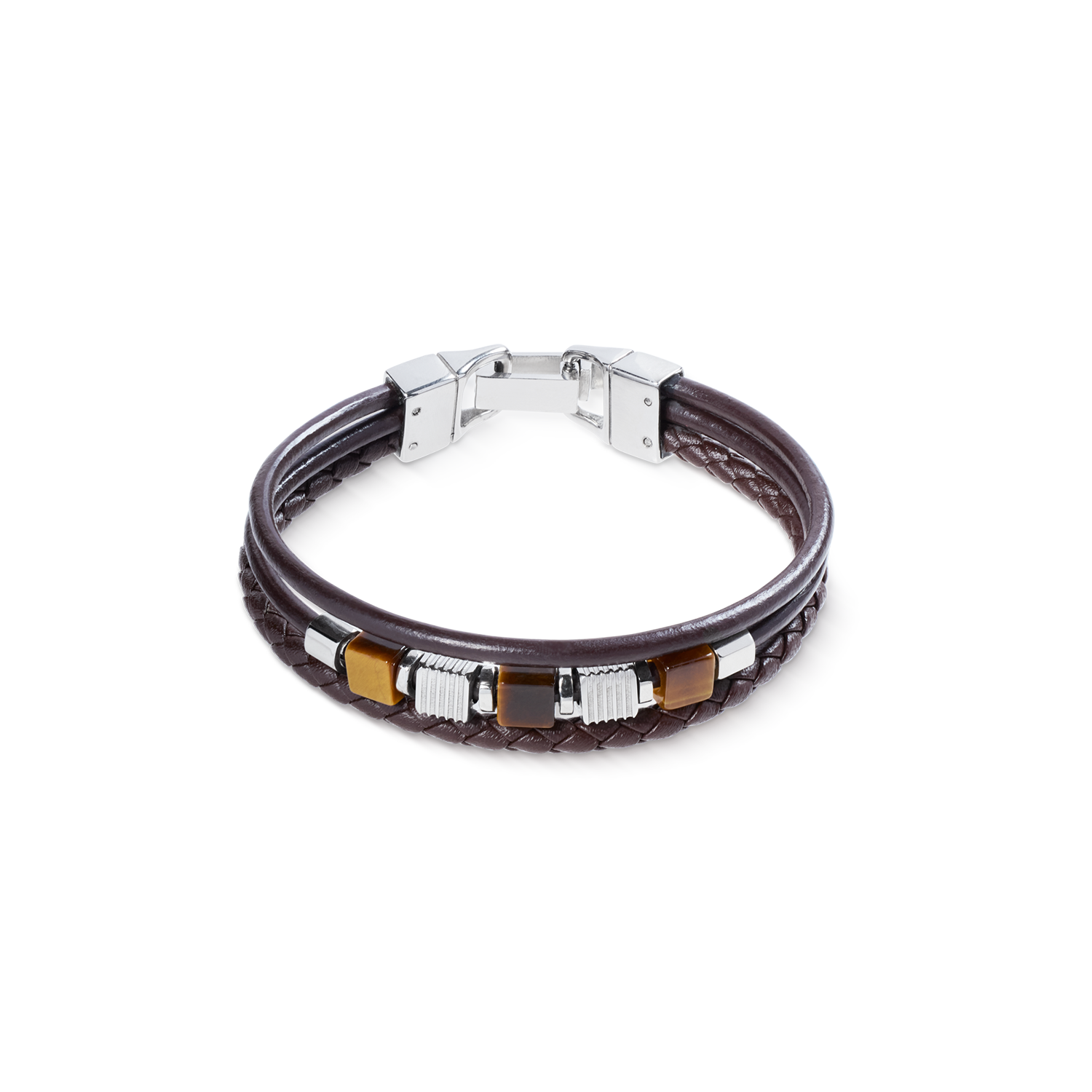 Brown Leather Bracelet 3-Strand with Tiger’s Eye and Graphic Relief Stainless Steel Cubes