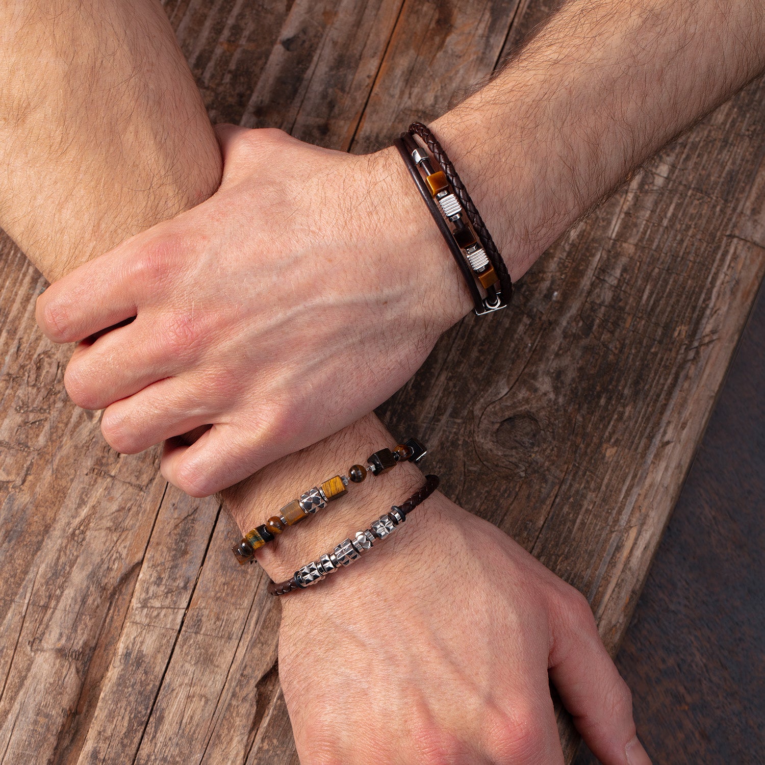 Brown Leather Bracelet 3-Strand with Tiger’s Eye and Graphic Relief Stainless Steel Cubes