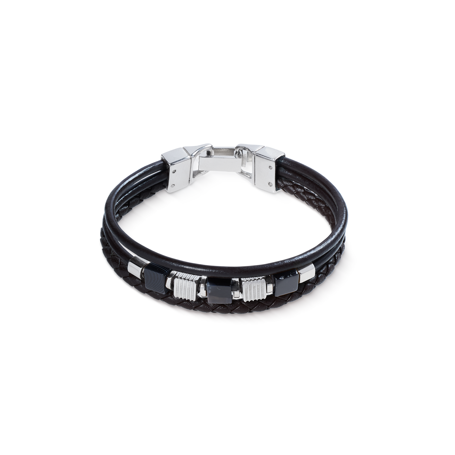 Black Leather Bracelet 3-Strand with Banded Onyx and Graphic Relief Stainless Steel Cubes