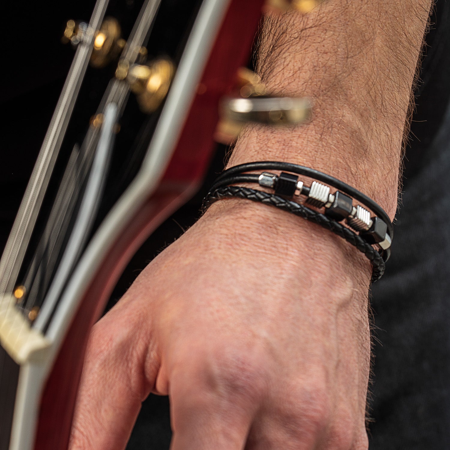 Black Leather Bracelet 3-Strand with Banded Onyx and Graphic Relief Stainless Steel Cubes
