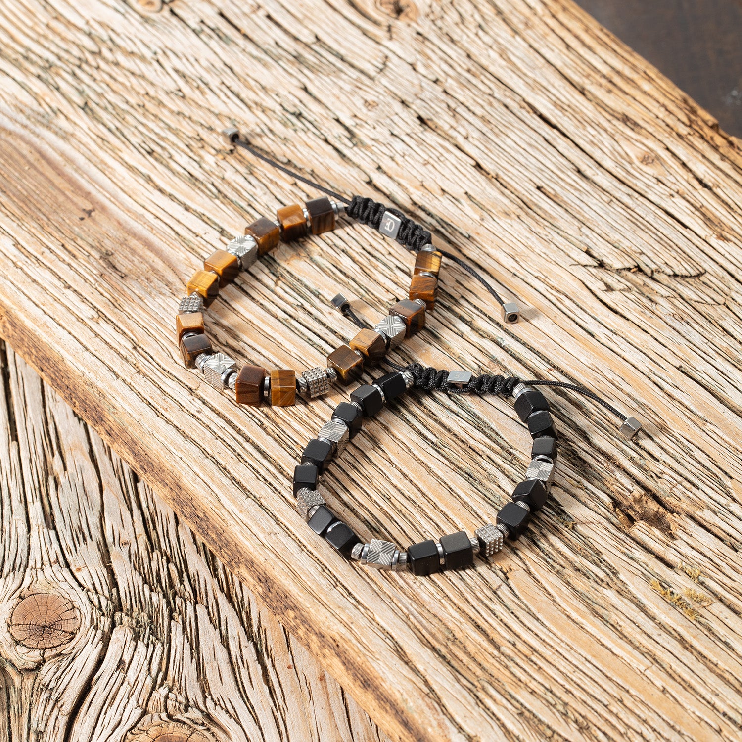 Tiger Eye Cubes Bracelet with Graphic Relief Stainless Steel Cubes and Adjustable Textile Closure