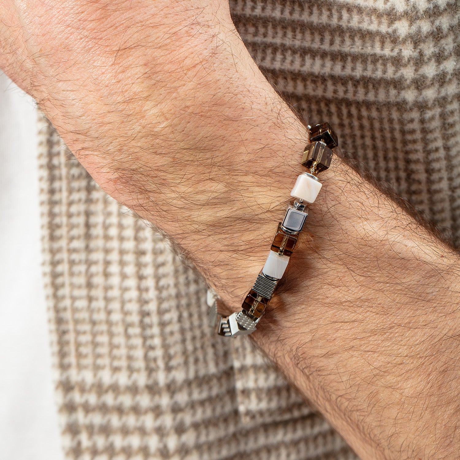 Smoky Quartz Graphic Cubes Bracelet in Stainless Steel