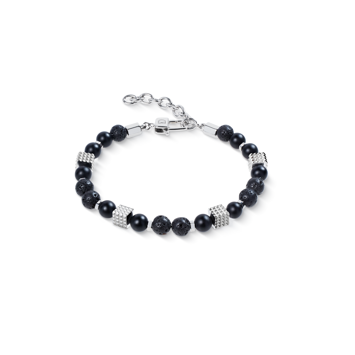 Onyx and Lava Bead Bracelet with Mini Spikes Cubes in Stainless Steel