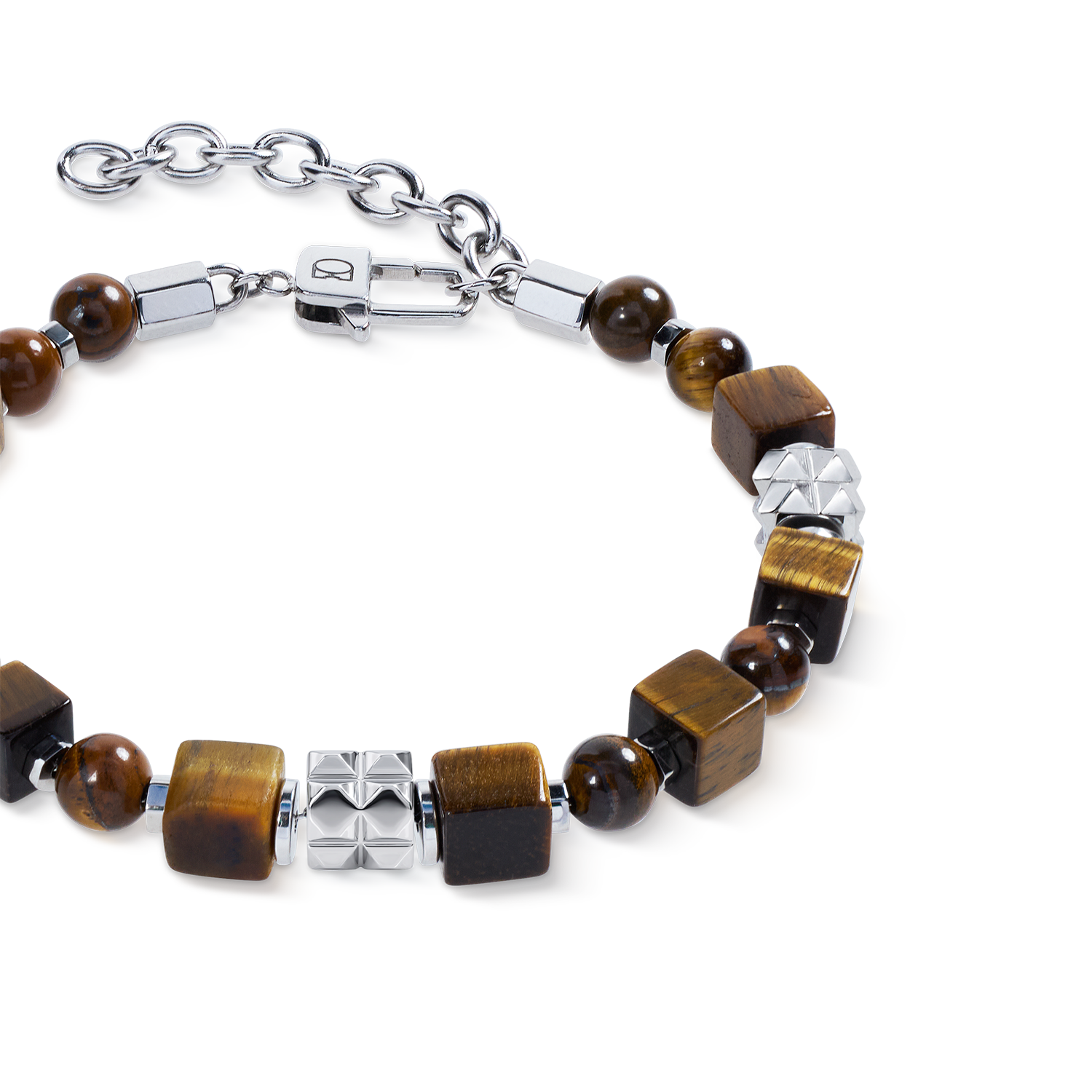 Tiger Eye Cube and Bead Bracelet with Stainless Steel Spikes Cubes