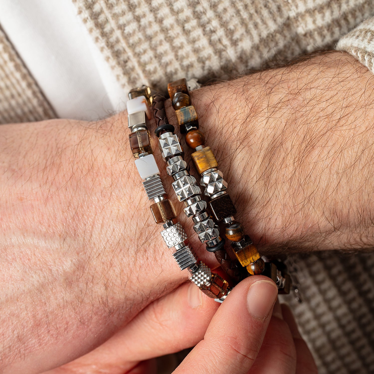 Tiger Eye Cube and Bead Bracelet with Stainless Steel Spikes Cubes