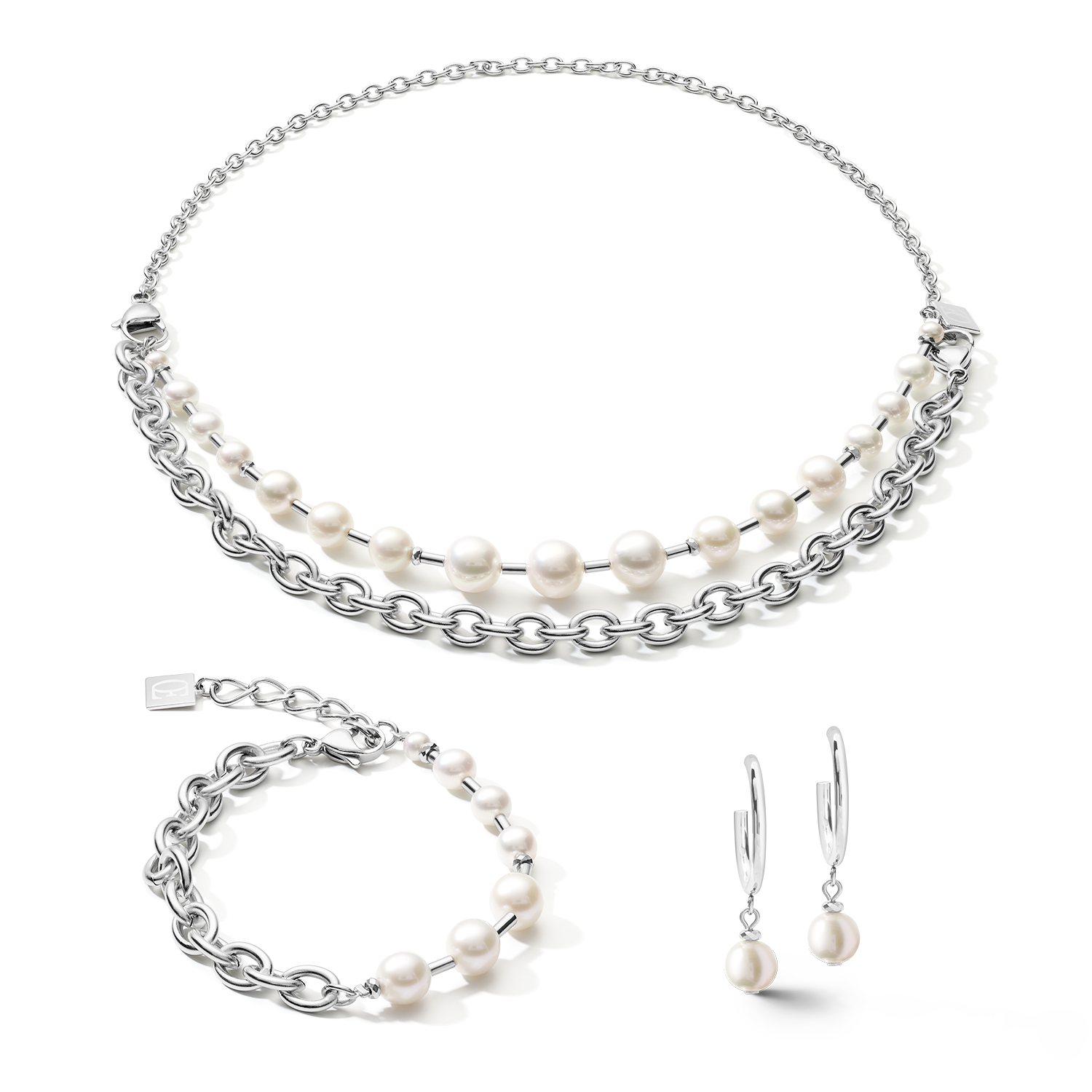 Necklace Freshwater pearls & chunky chain 4-in-1 white-silver