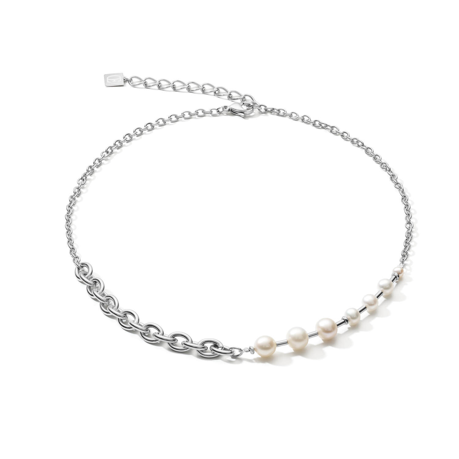 Necklace classic & modern Freshwater pearls & stainless steel chain white-silver