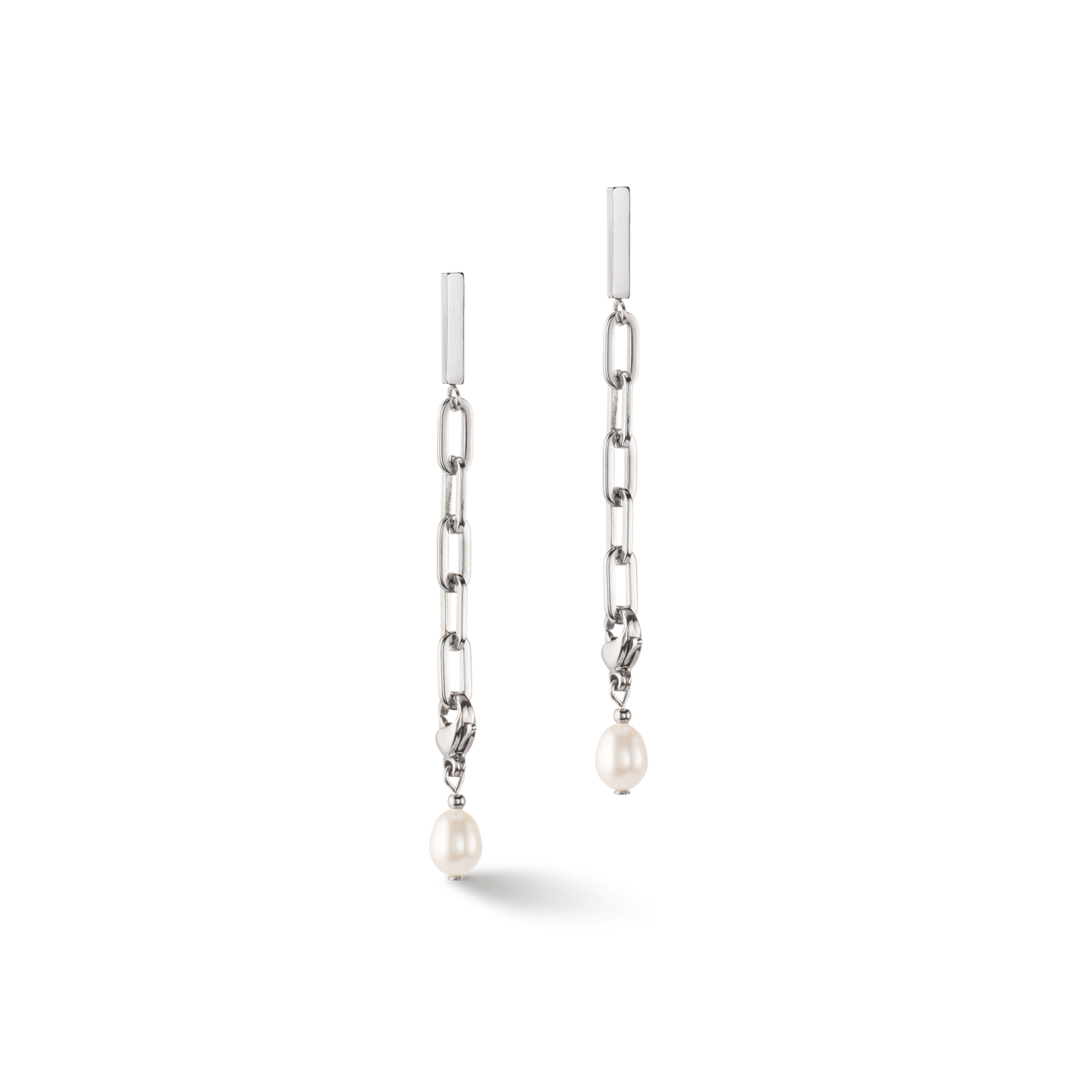 Modern chain earrings with freshwater pearl charms silver