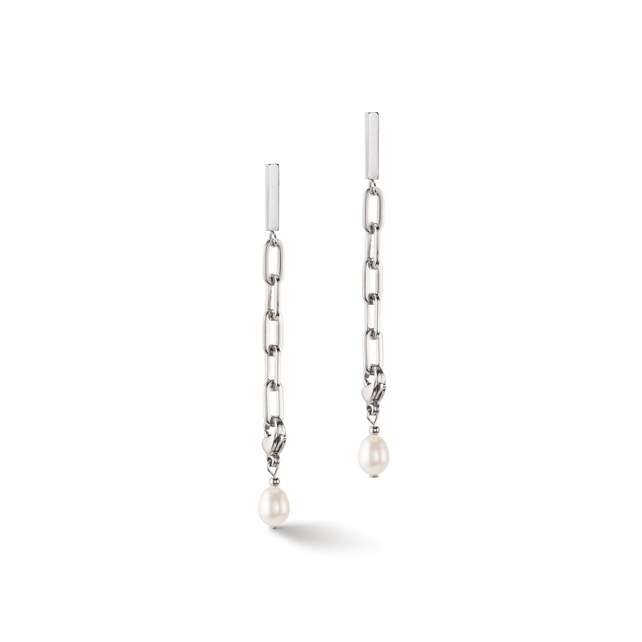 Modern chain earrings with freshwater pearl charms silver