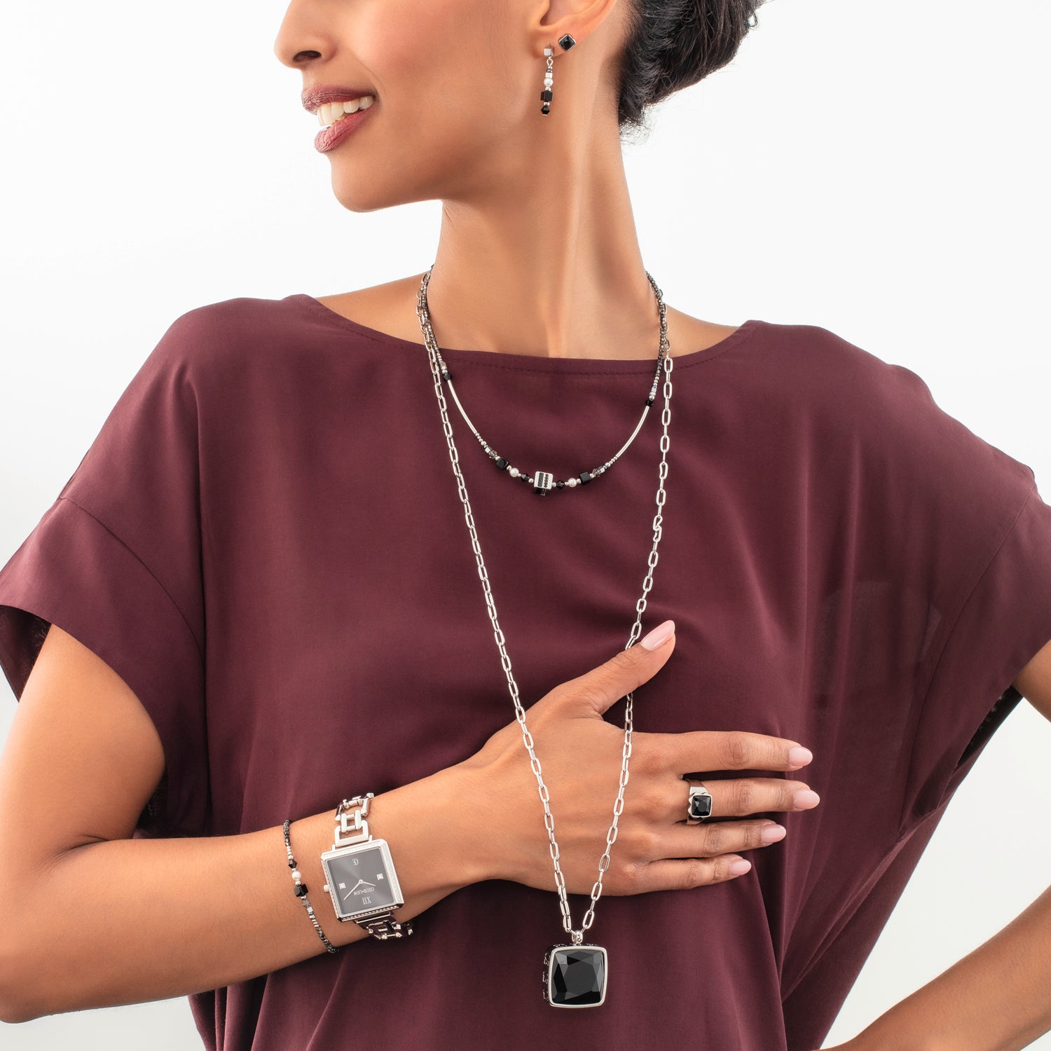 Earrings Spikes Square Onyx silver-black