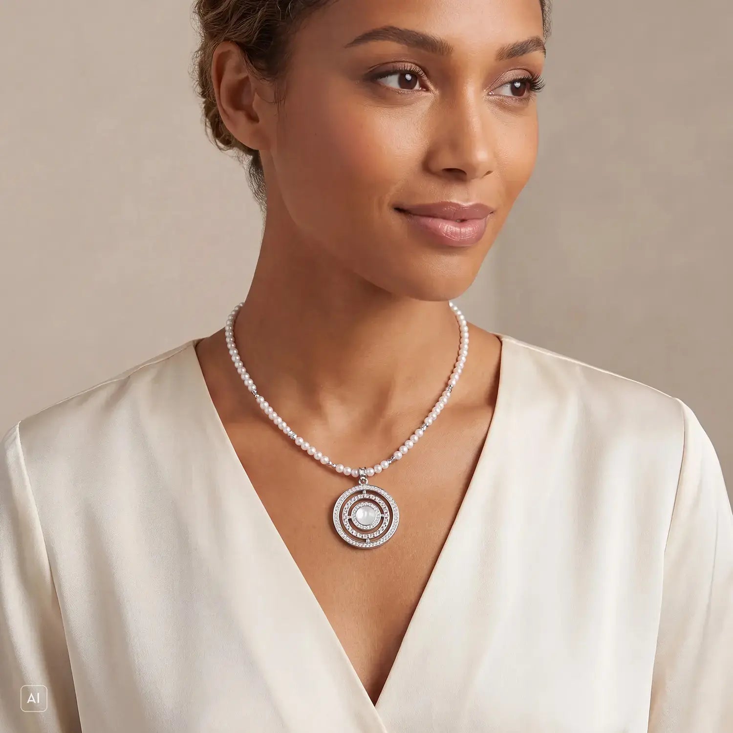 COEUR DE LION Necklace Amulet Modern Icon Pearl Silver – on model