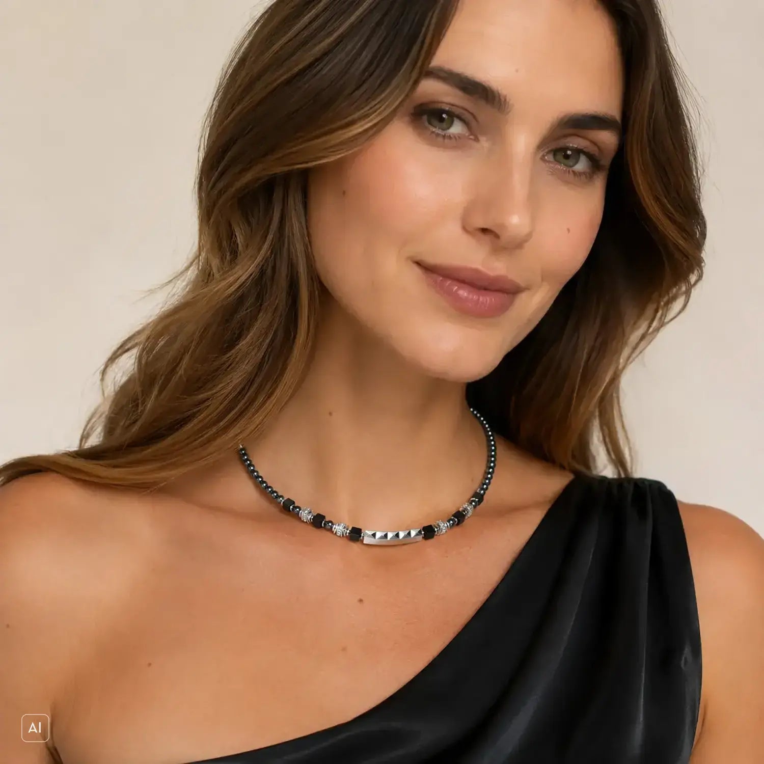 COEUR DE LION Beads & Pearls Spike Necklace Anthracite – on model
