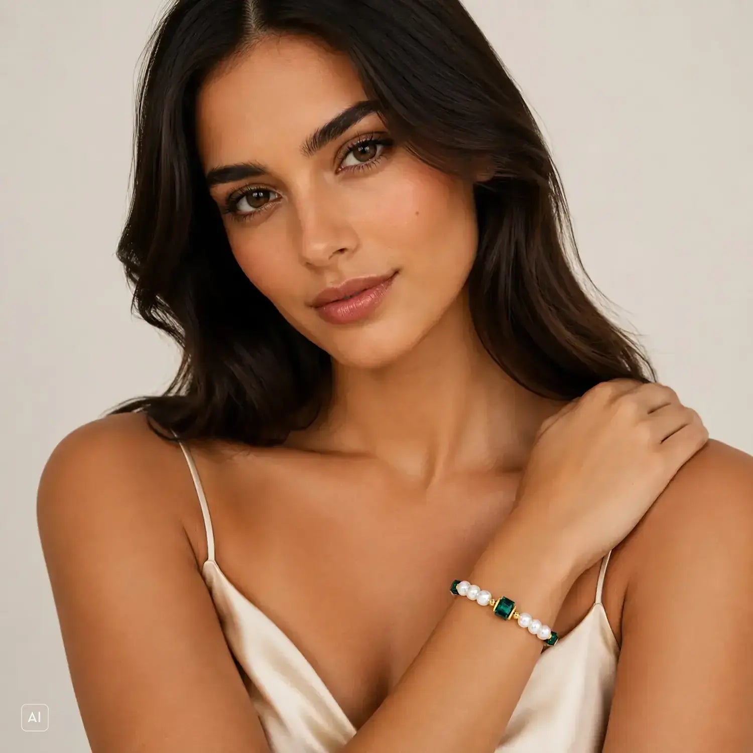 COEUR DE LION Cocktail Pearls Bracelet Emerald – on model
