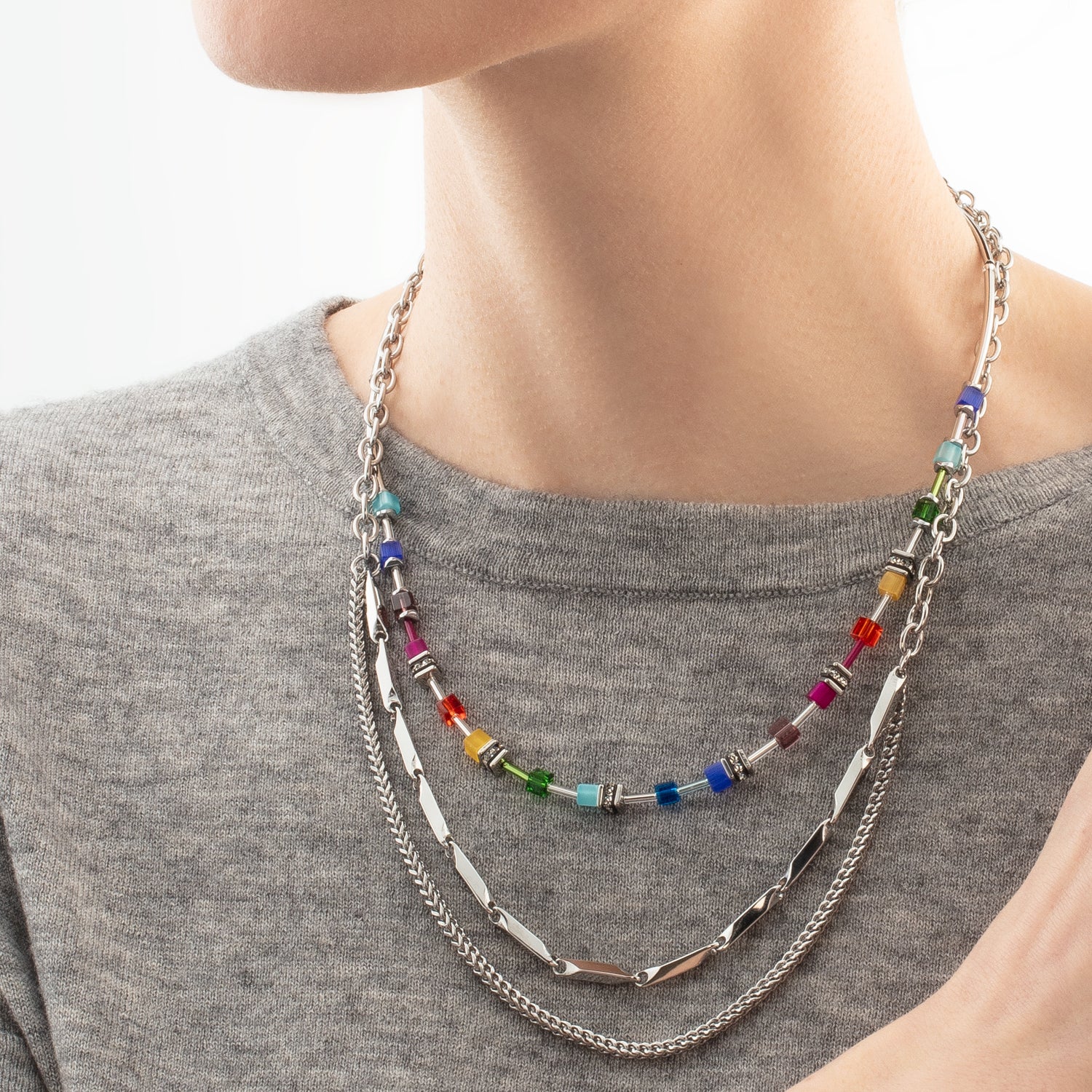 GeoCUBE® Lite Mini Necklace Rainbow silver