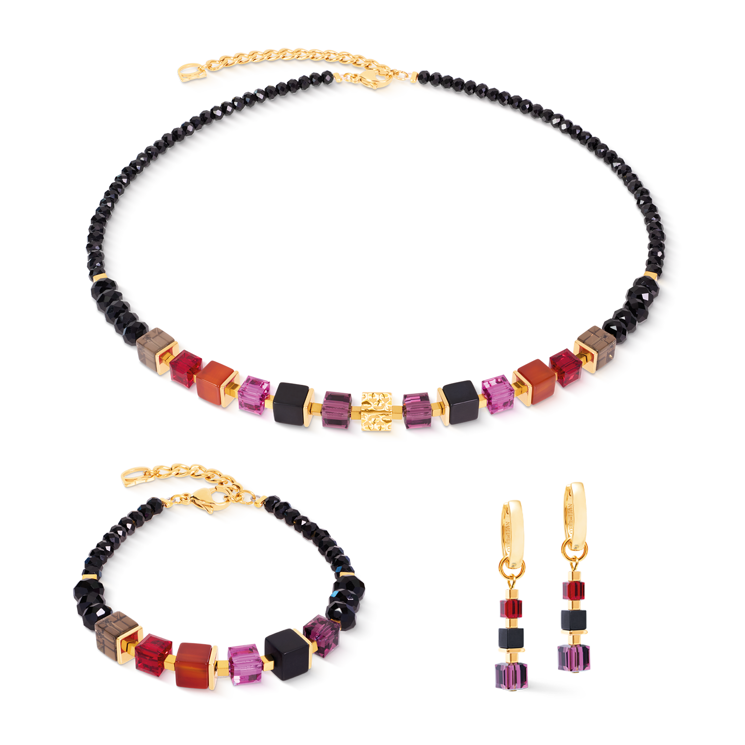 Hoop Earrings Cube Mix Precious Berry Gold