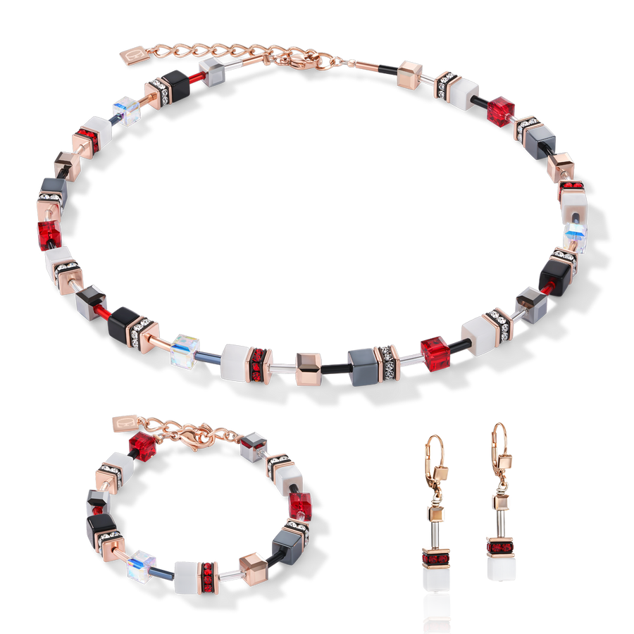 GeoCUBE® Earrings rose gold, white & red