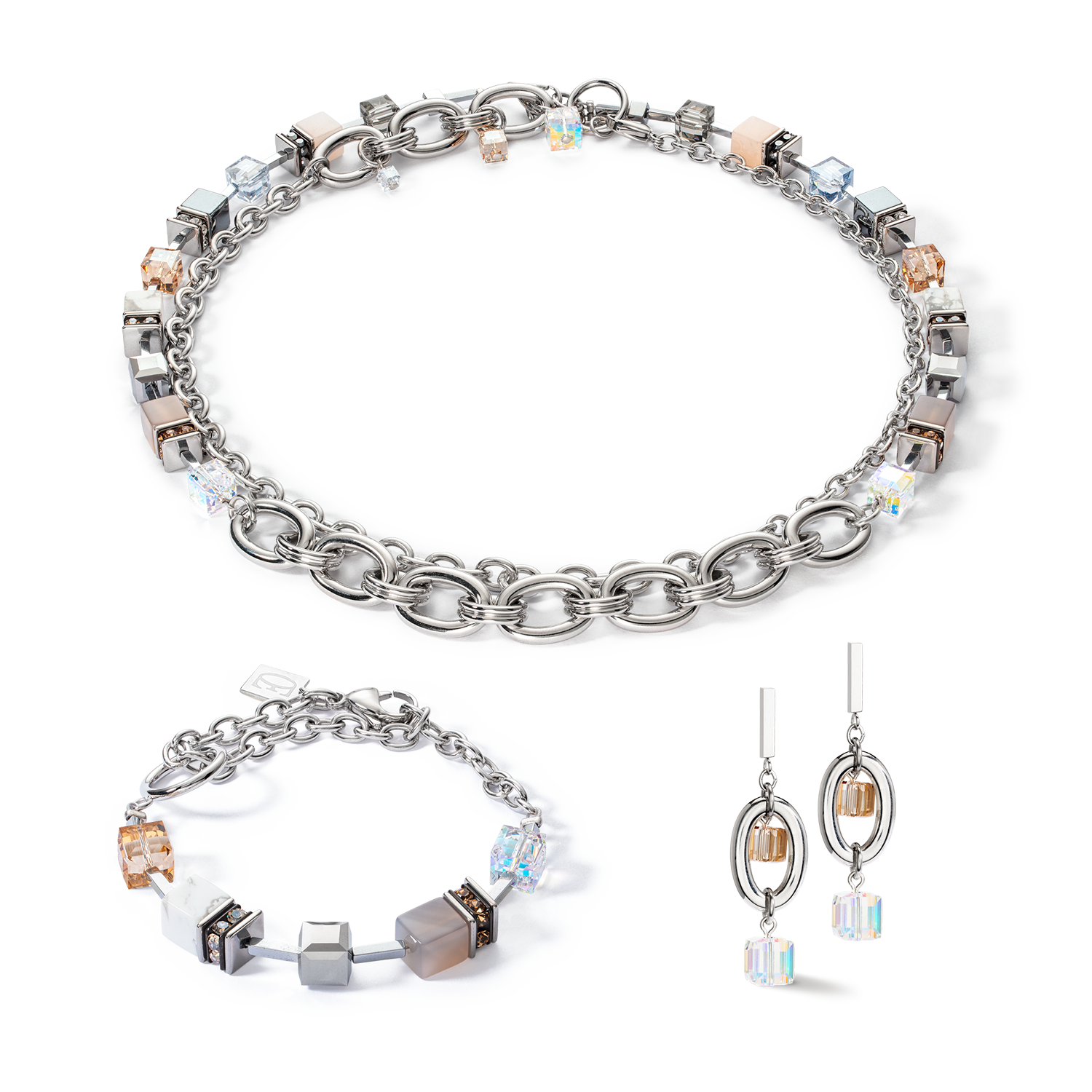 Bracelet GeoCUBE® Statement Precious Chunky Chain Multiwear grau-beige