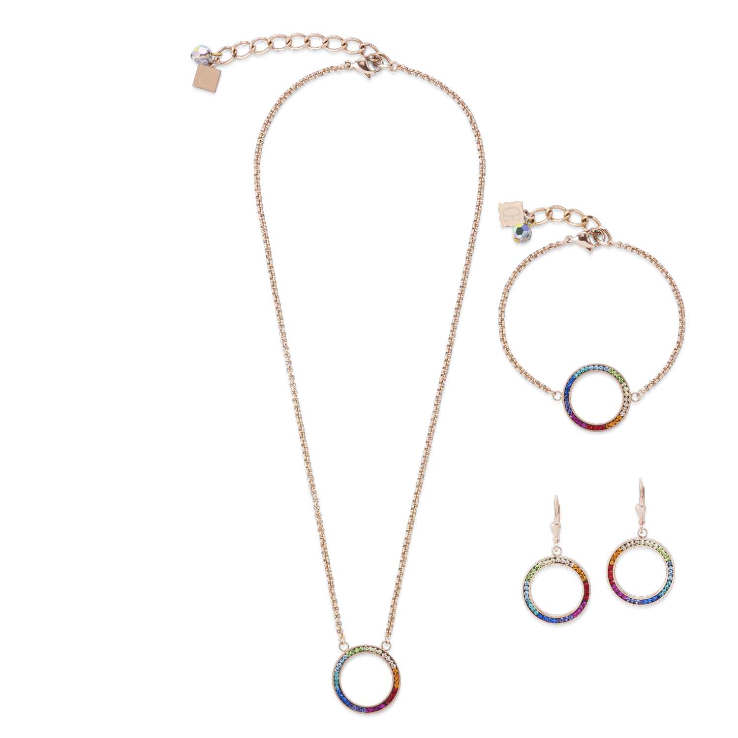 Necklace Ring Crystals pavé & stainless steel rose gold & multicolour
