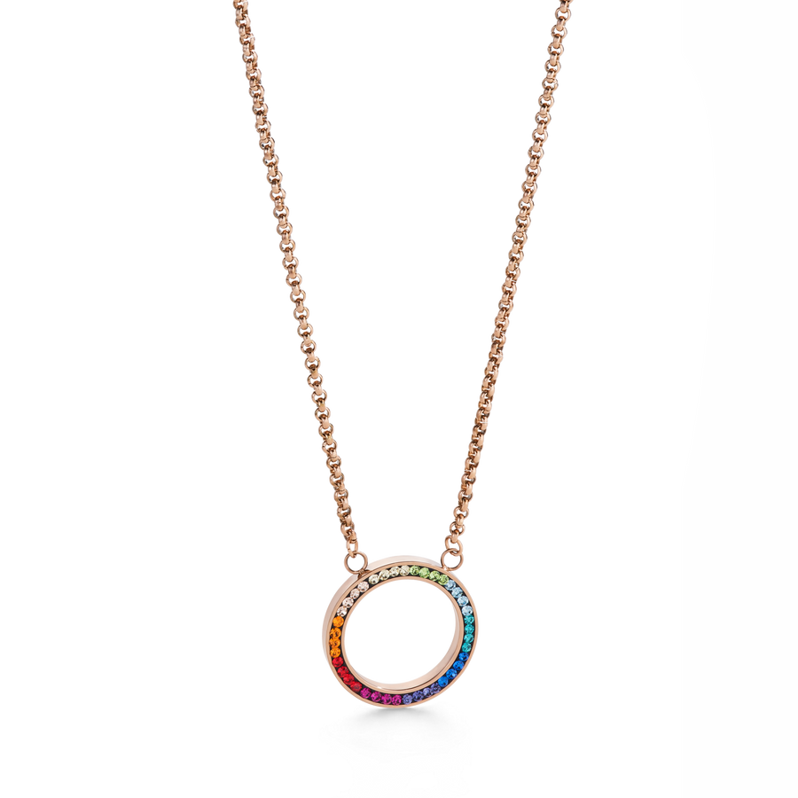 Necklace Ring Crystals pavé & stainless steel rose gold & multicolour