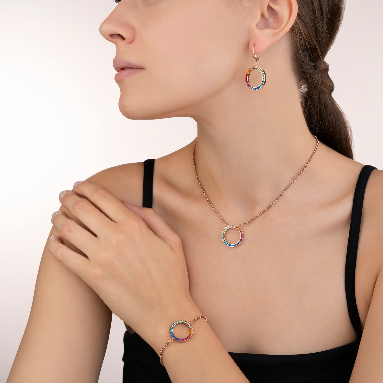 Necklace Ring Crystals pavé & stainless steel rose gold & multicolour