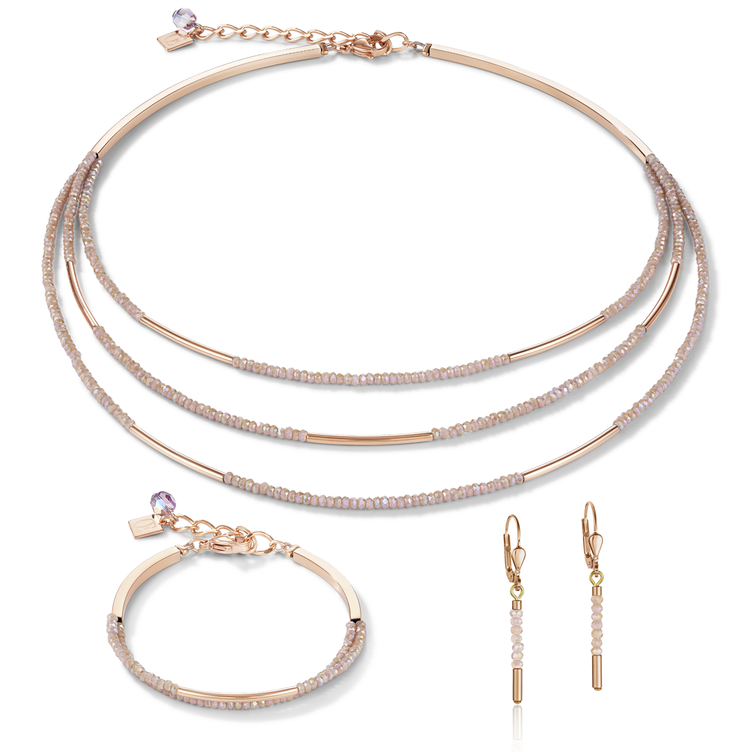 Earrings Waterfall stainless steel rose gold & glass nude