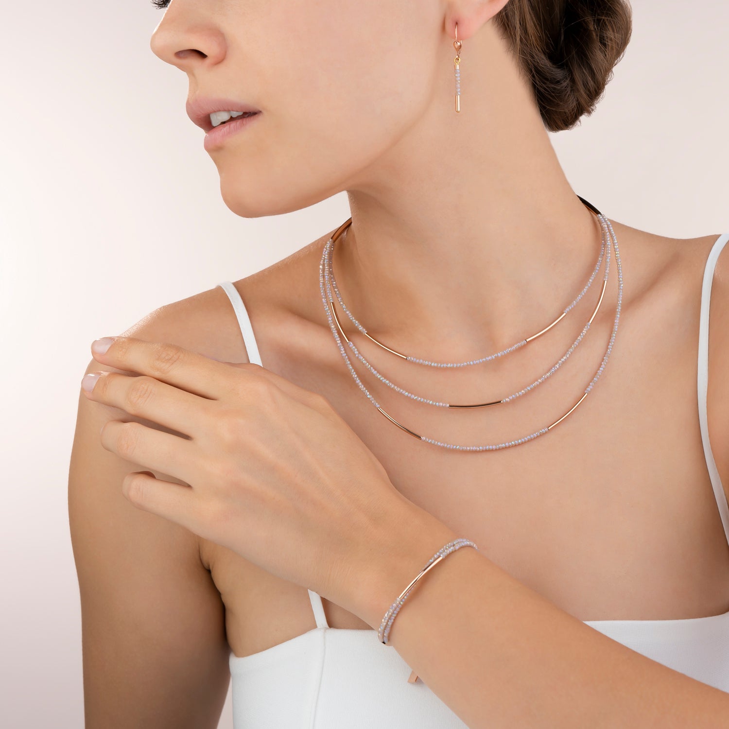 Earrings Waterfall stainless steel rose gold & glass nude