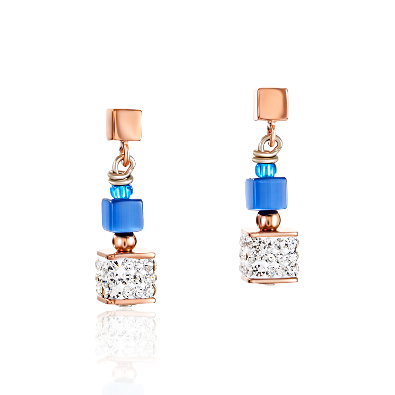 Earrings GeoCUBE® Crystals pavé, synthetique malachite & Swarovski® Crystals blue-turquoise