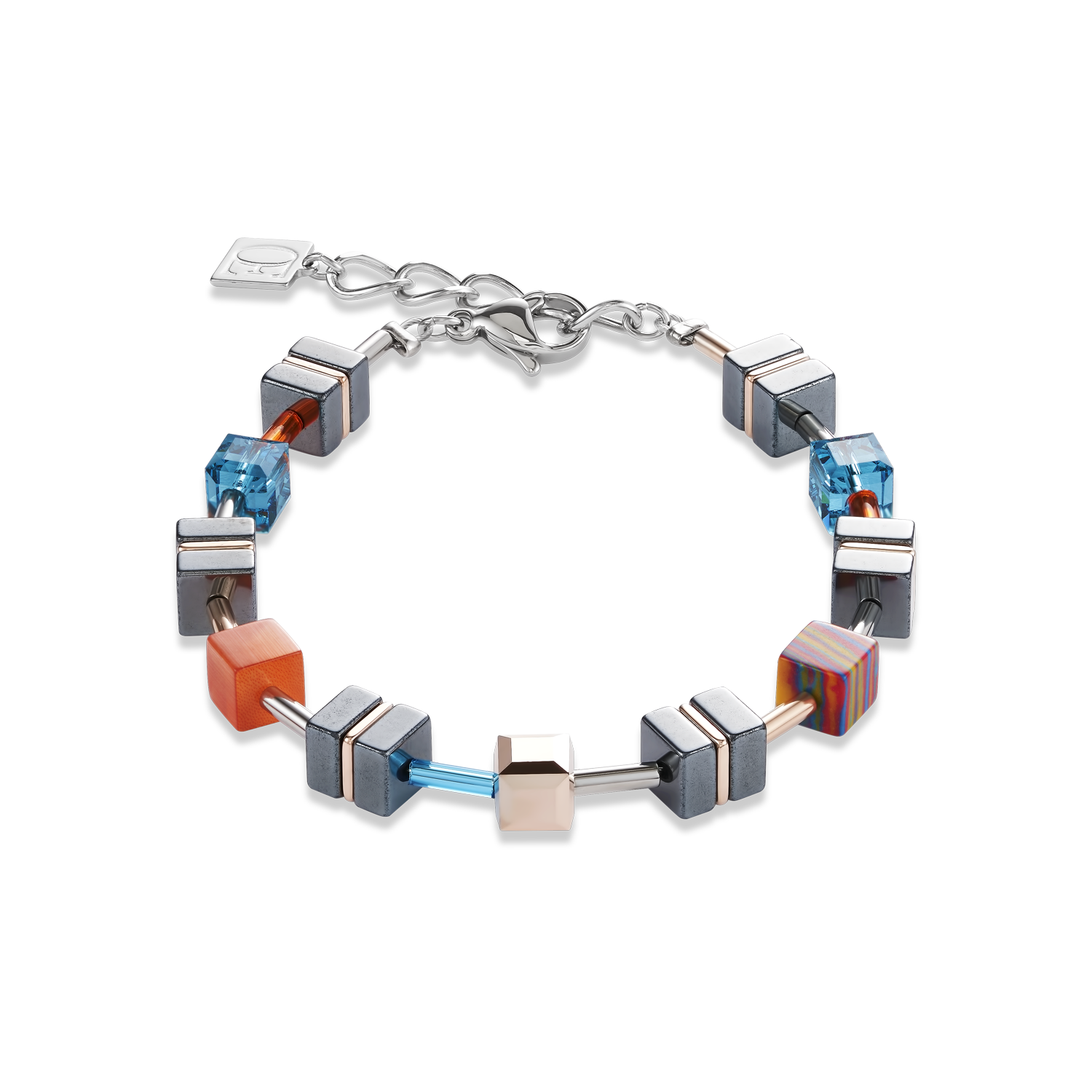Bracelet GeoCUBE® Haematite, Crystals & synthetic malachite orange-turquoise