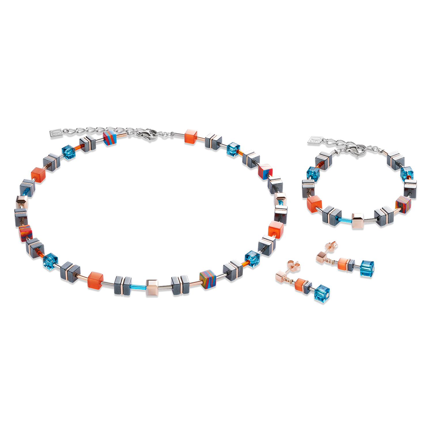 Bracelet GeoCUBE® Haematite, Crystals & synthetic malachite orange-turquoise