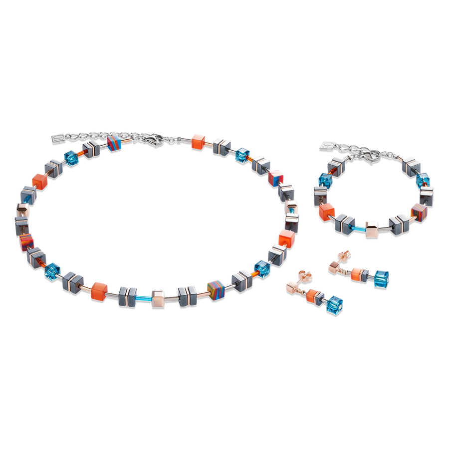 Bracelet GeoCUBE® Haematite, Crystals & synthetic malachite orange-turquoise