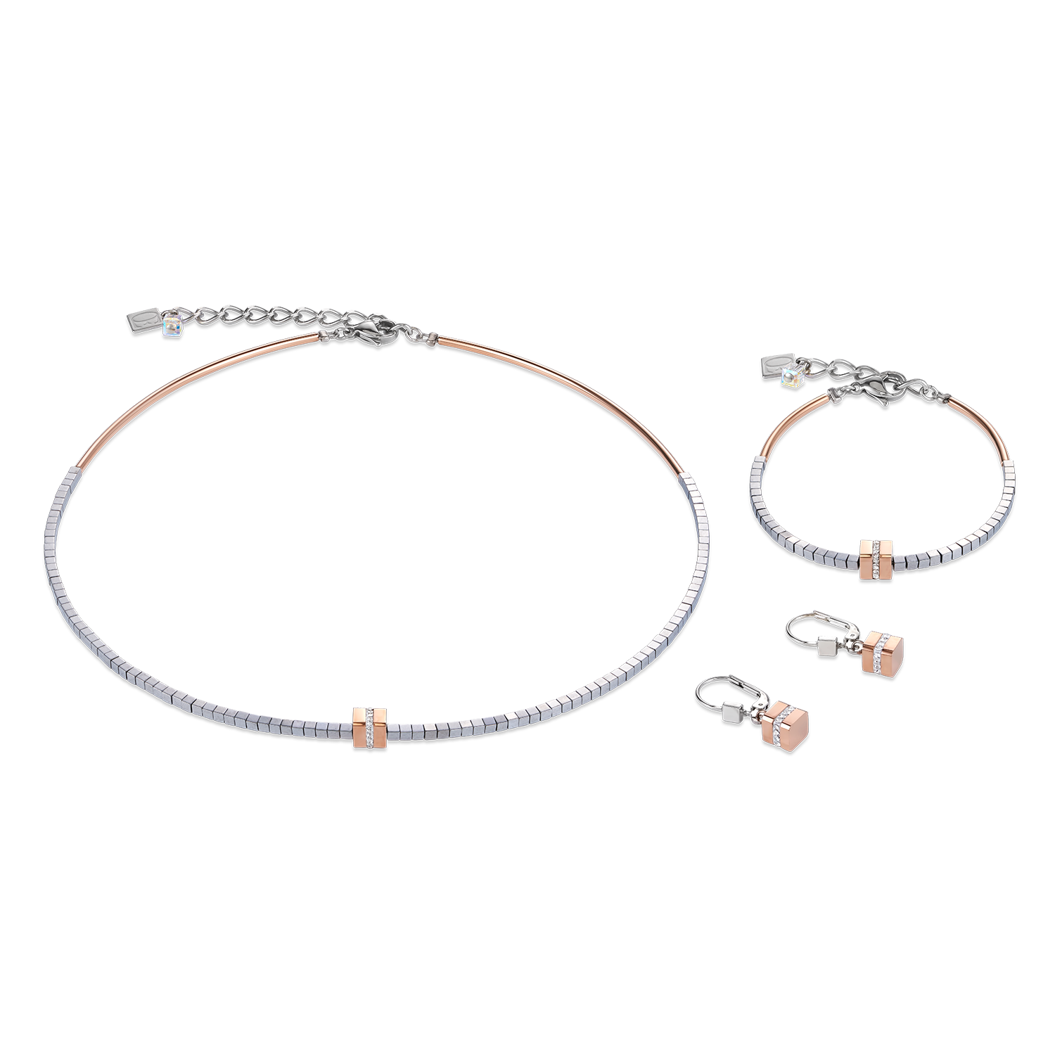 Necklace Stainless steel & crystals pavé, haematite silver rose gold-crystal