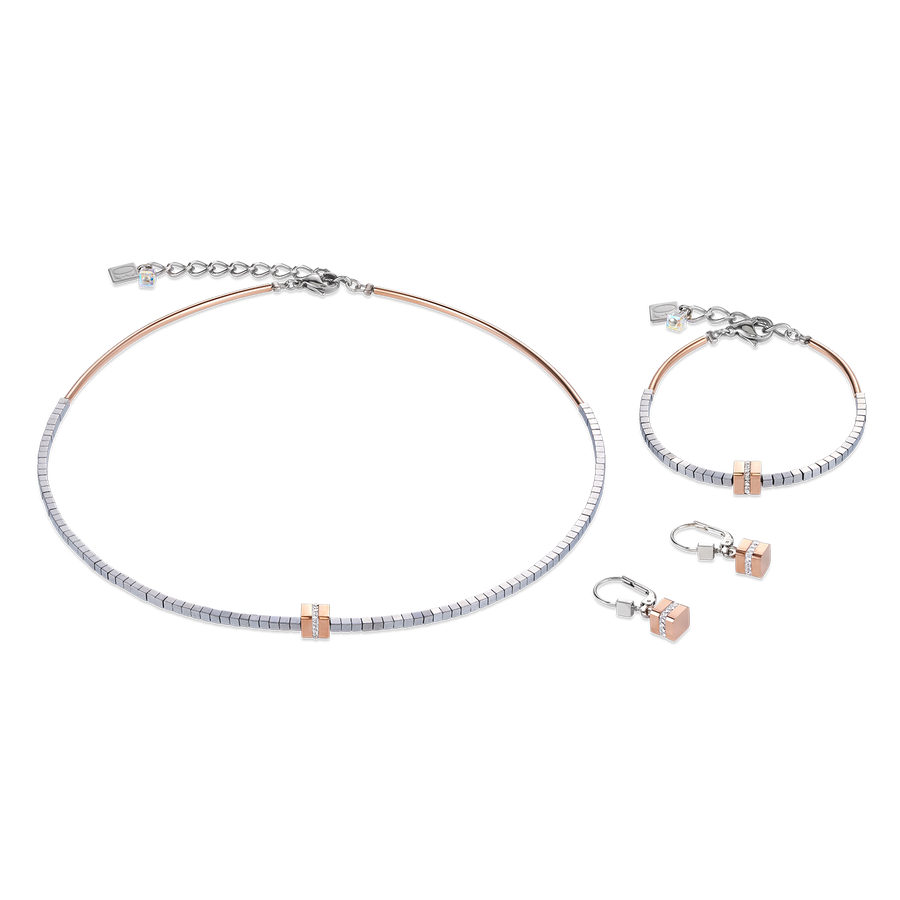 Necklace Stainless steel & crystals pavé, haematite silver rose gold-crystal