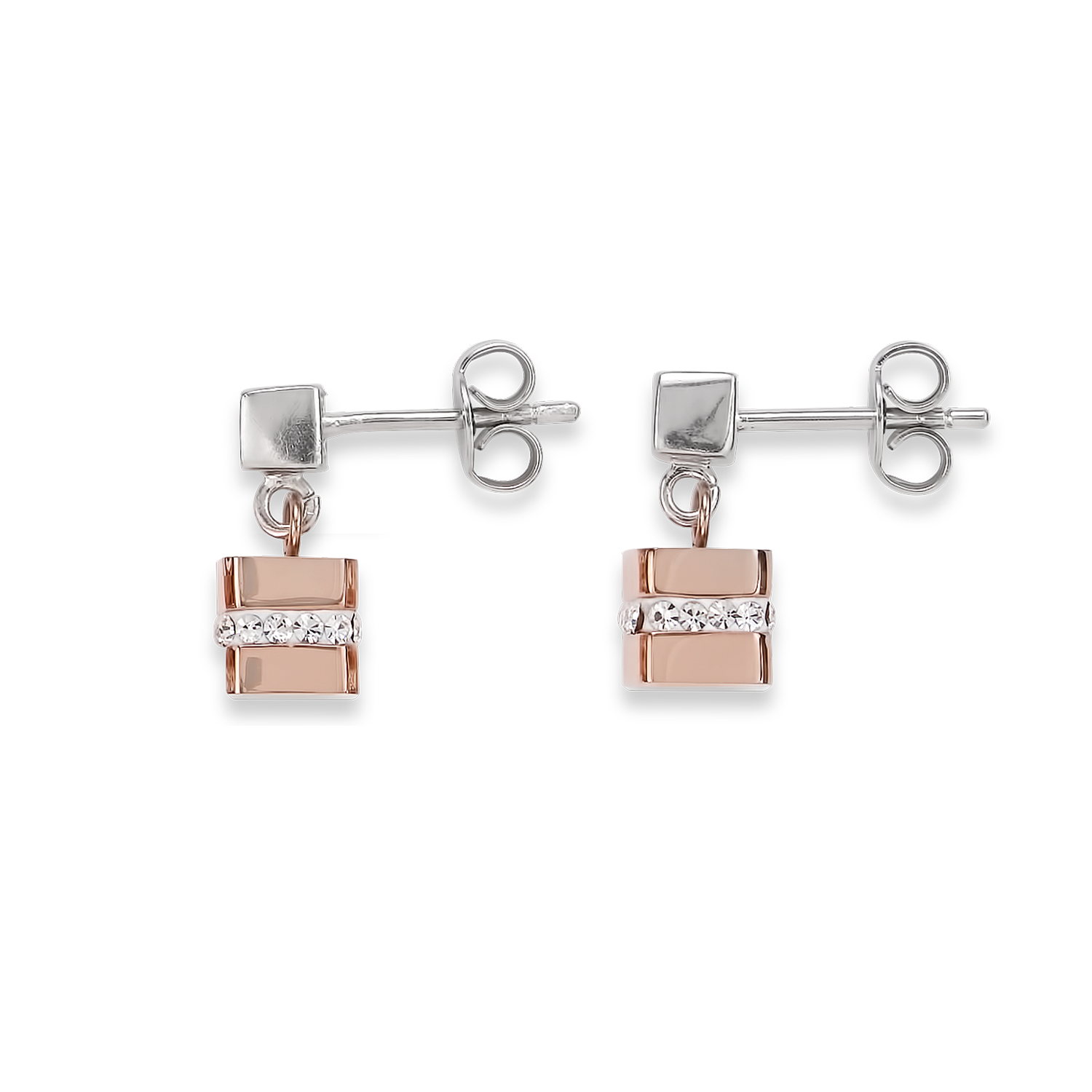Earrings Cube stainless steel rose gold & crystals pavé crystal