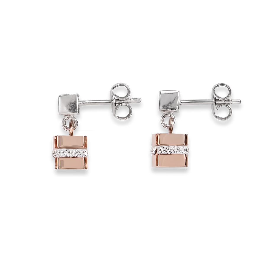 Earrings Cube stainless steel rose gold & crystals pavé crystal