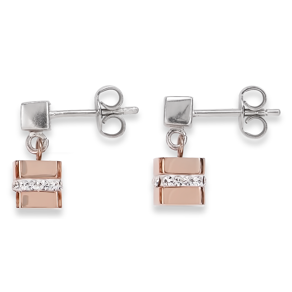 Earrings Cube stainless steel rose gold & crystals pavé crystal
