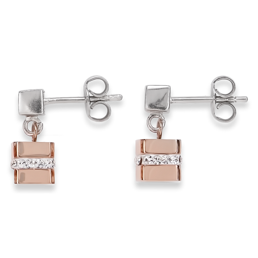 Earrings Cube stainless steel rose gold & crystals pavé crystal