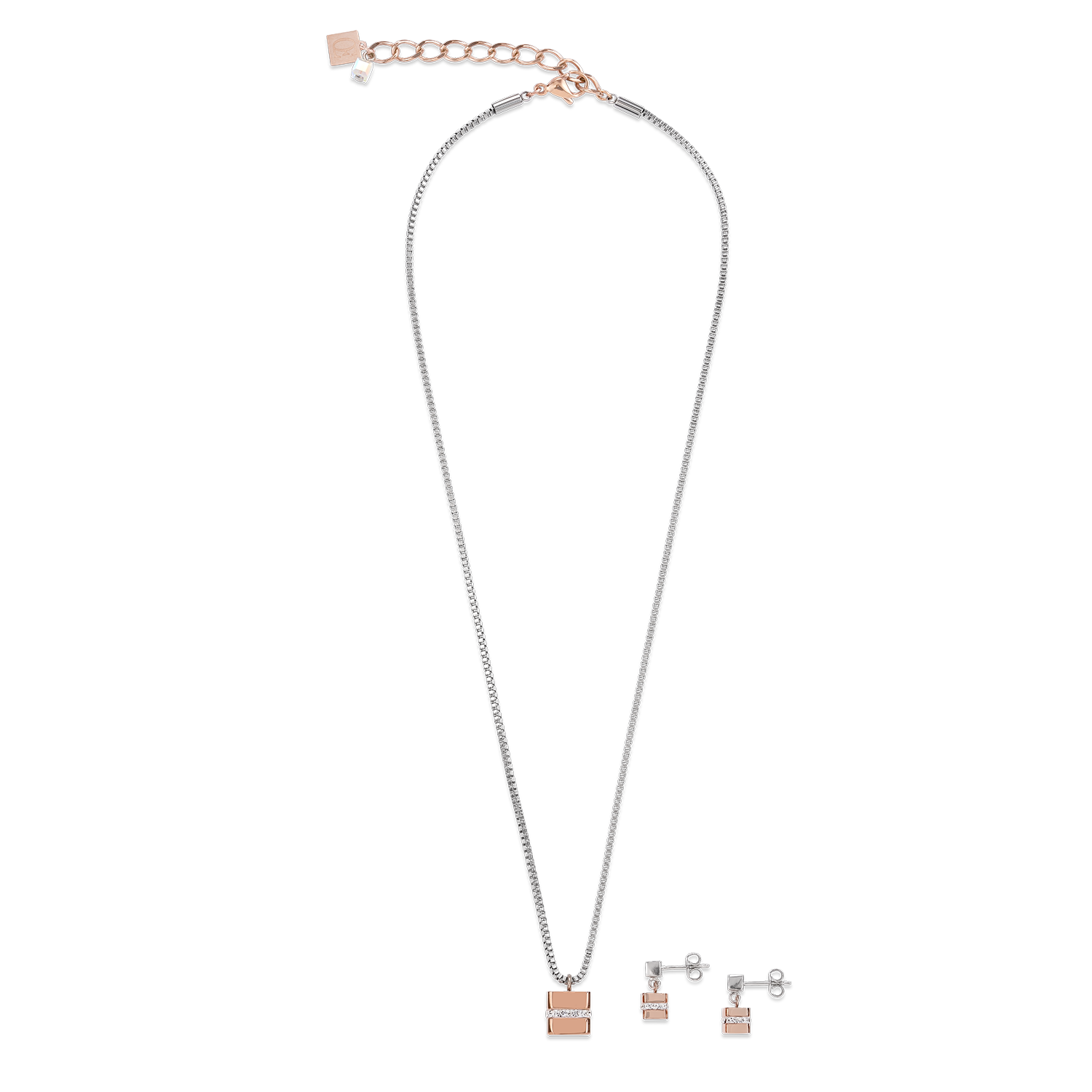 Earrings Cube stainless steel rose gold & crystals pavé crystal