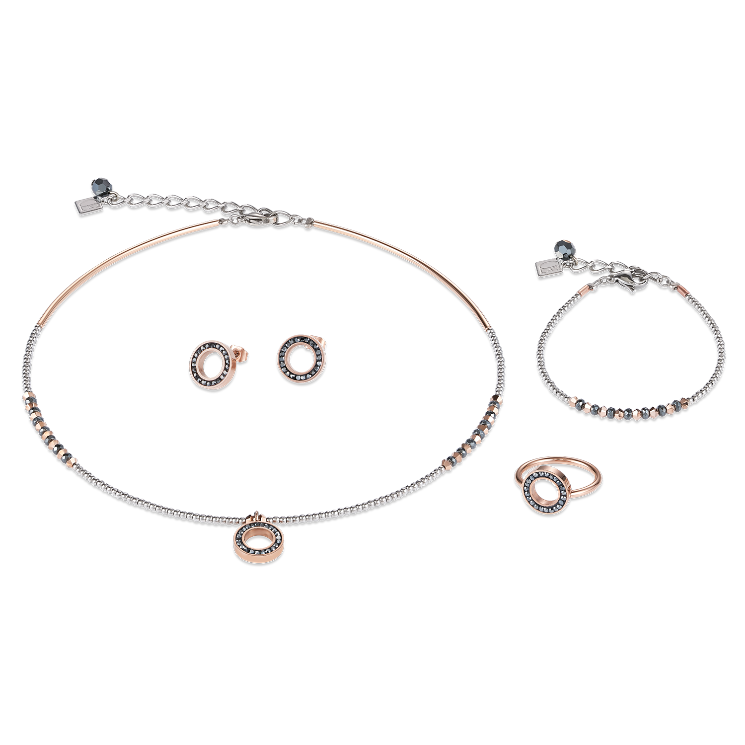 Earrings Ring Crystals pavé anthracite small & stainless steel rose gold & silver