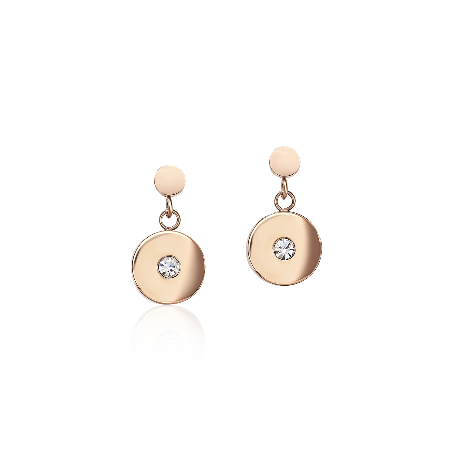 Earrings Coins Stainless steel rose gold, cut glass & Crystals white