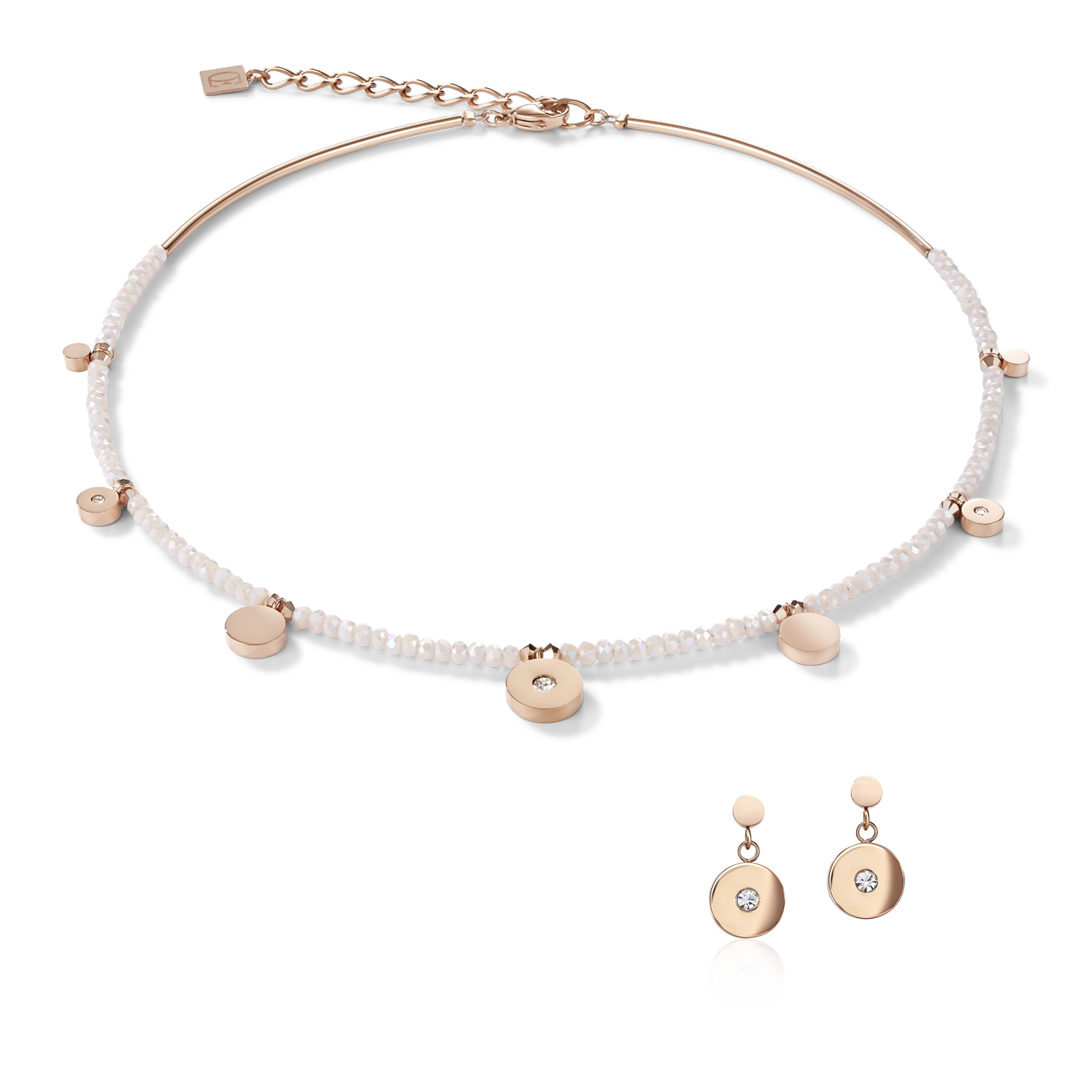 Earrings Coins Stainless steel rose gold, cut glass & Crystals white